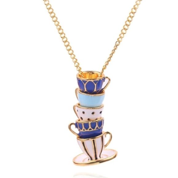 Adorable Hand Painted Enamel Teacups Stacked Necklace - Picture 1 of 5